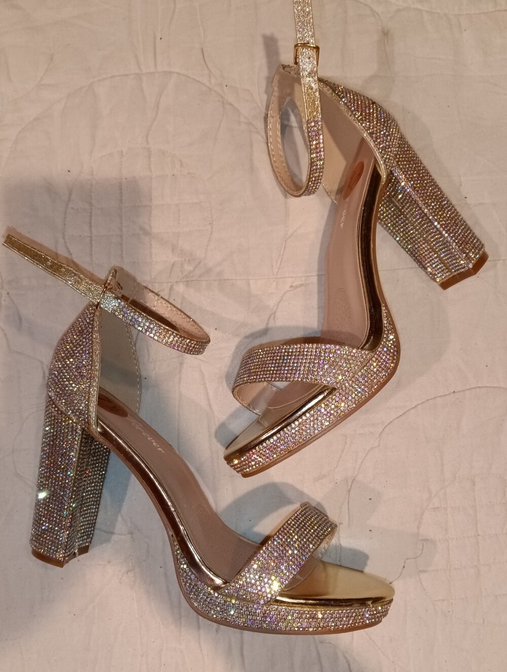 New Women's Champange Glitter Block Heel Sandal with Ankle Strap 7 1/2
